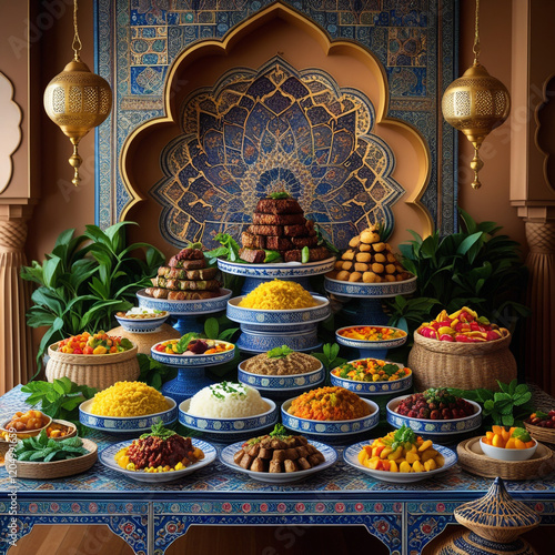 A beautifully arranged Iftar buffet in a traditional Meddle Eastern setting, with a table food photo