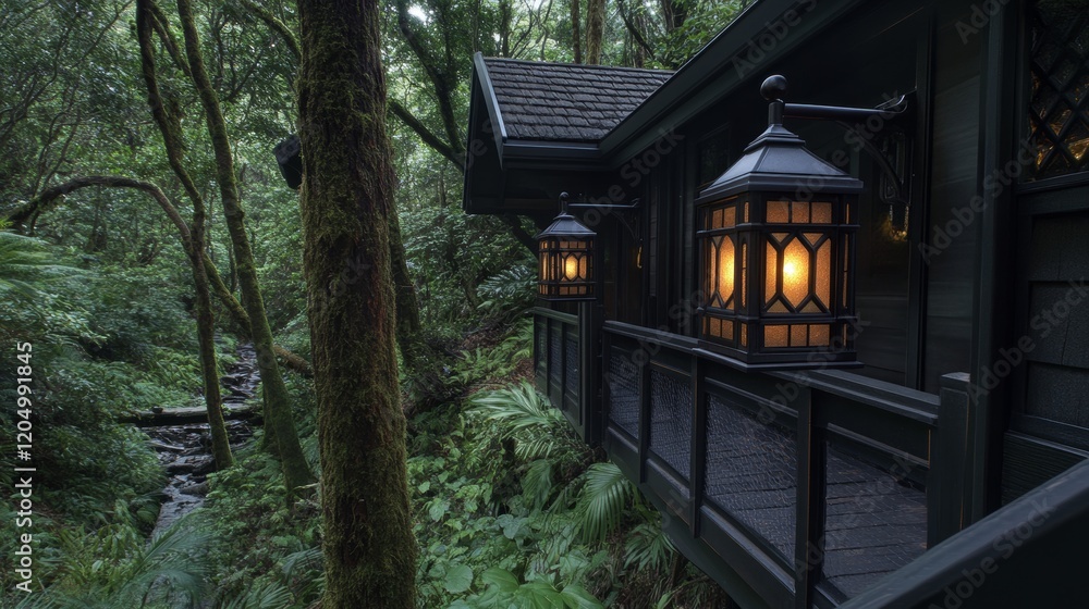Illuminated Forest Cabin Retreat, Night Lights Gleam Illuminated Forest Cabin Retreat, Night Lights Gleam