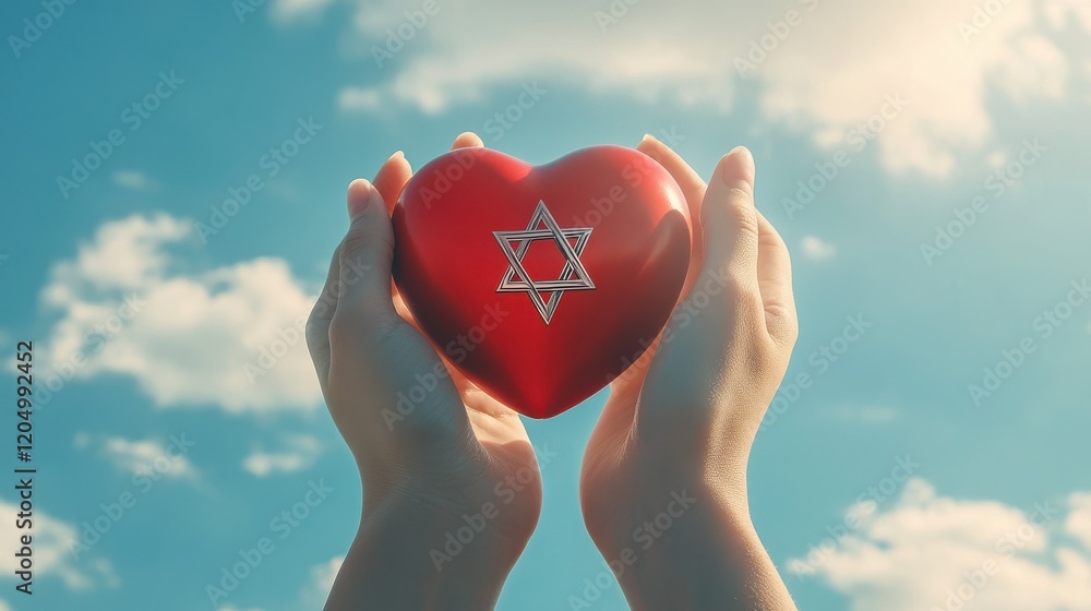 Fototapeta premium religion, christianity, jewish community and charity concept - close up of female hands holding red heart with star of david symbol over blue sky and clouds background