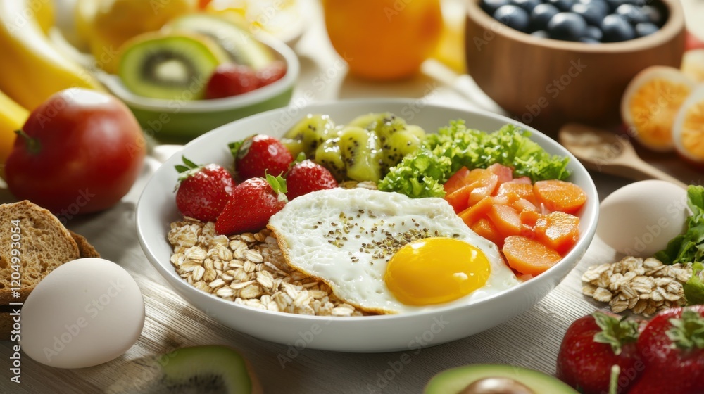 A detailed look at a balanced vegetarian breakfast, featuring eggs, whole grains A detailed look at a balanced vegetarian breakfast, featuring eggs, whole grains