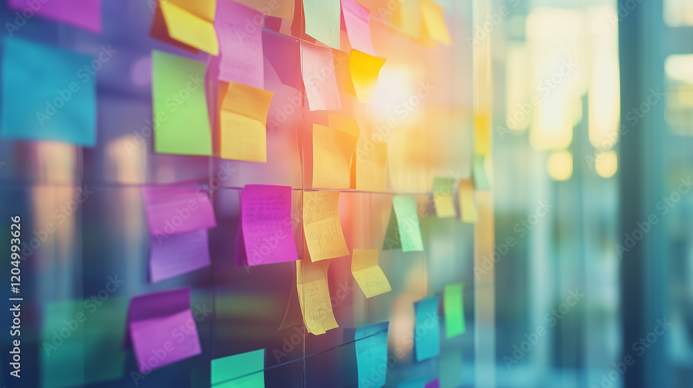 A vibrant wall filled with colorful sticky notes, reflecting creativity and organization in a modern workspace A vibrant wall filled with colorful sticky notes, reflecting creativity and organization in a modern workspace