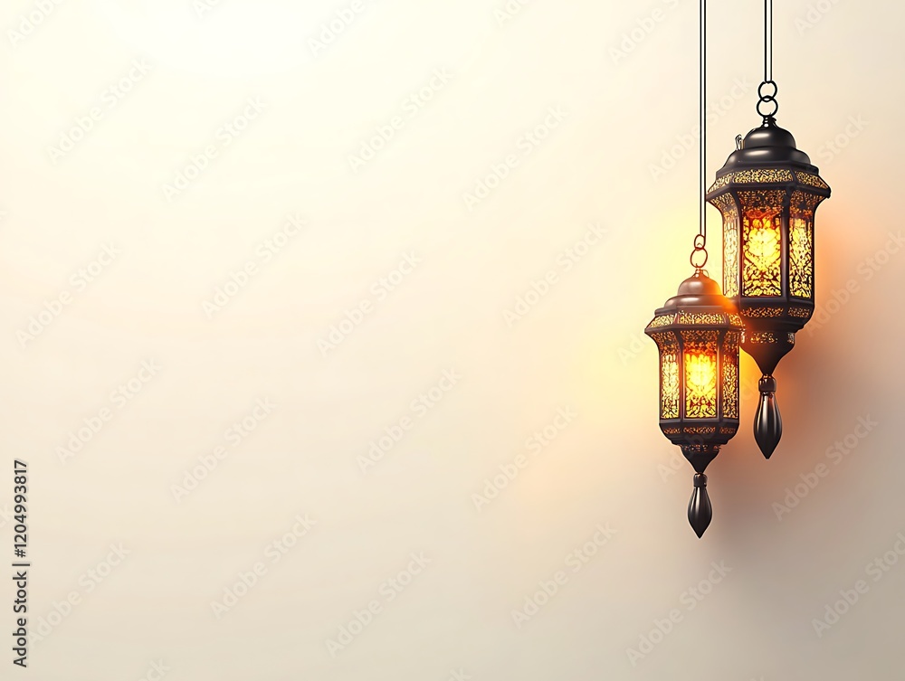 Two Illuminated Hanging Lanterns Against A Beige Background Two Illuminated Hanging Lanterns Against A Beige Background