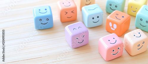 Pastel-colored emotion cubes with a glossy finish, placed on a light wooden background, using a gentle, calming illustration style