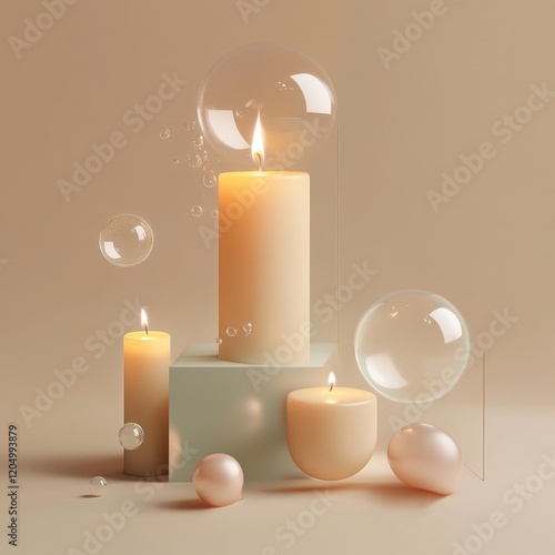 Candles and glass balls on beige background. 3D rendering photo