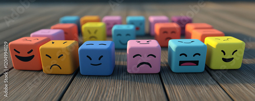 Simple, blocky emotion cubes, arranged in a neat grid on a wooden surface, with a minimalist, flat illustration style
