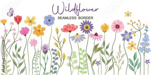 Minimalist Wildflower Illustration - Seamless Watercolor Floral Arrangements With Butterflies