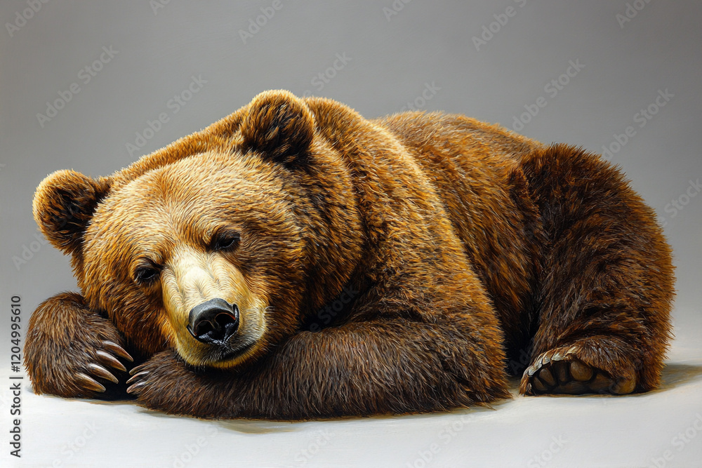 Obraz premium Grizzly Bear Resting Peacefully On Light Background
