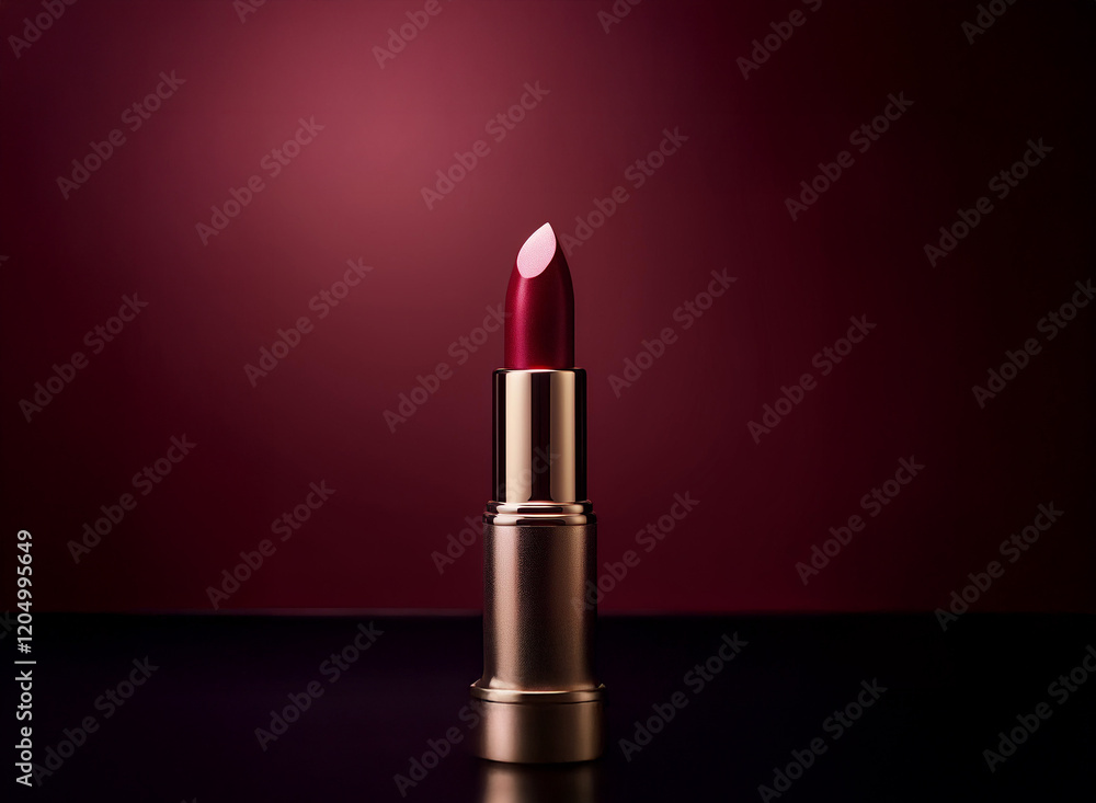 A single tube of deep red lipstick stands upright against a dark maroon background, reflecting subtly on a glossy surface. The lighting emphasizes the lipstick's rich color and luxurious feel. A single tube of deep red lipstick stands upright against a dark maroon background, reflecting subtly on a glossy surface. The lighting emphasizes the lipstick's rich color and luxurious feel.