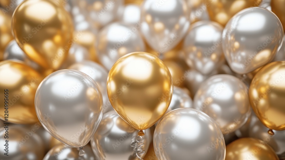 Golden and silver metallic balloons with shiny textures, sophisticated and classy party celebration Golden and silver metallic balloons with shiny textures, sophisticated and classy party celebration