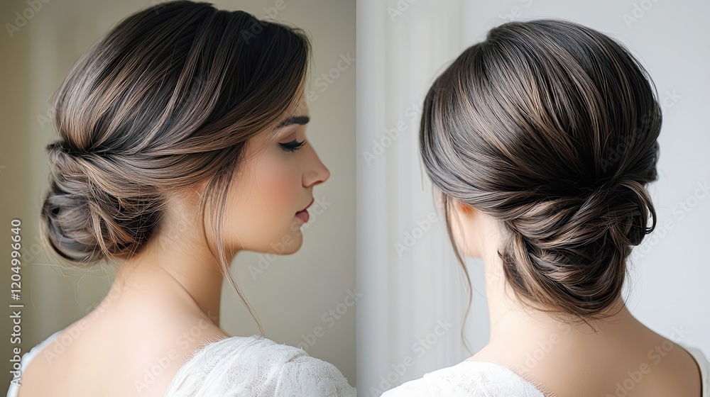 Elegant Low Bun Hairstyle for Women Shown From Two Angles Elegant Low Bun Hairstyle for Women Shown From Two Angles
