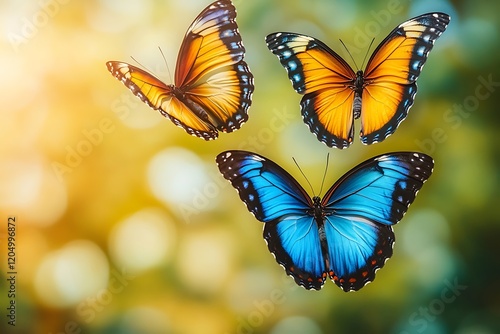 Vibrant Morpho Butterflies Wings Sunlit Bokeh Image photo