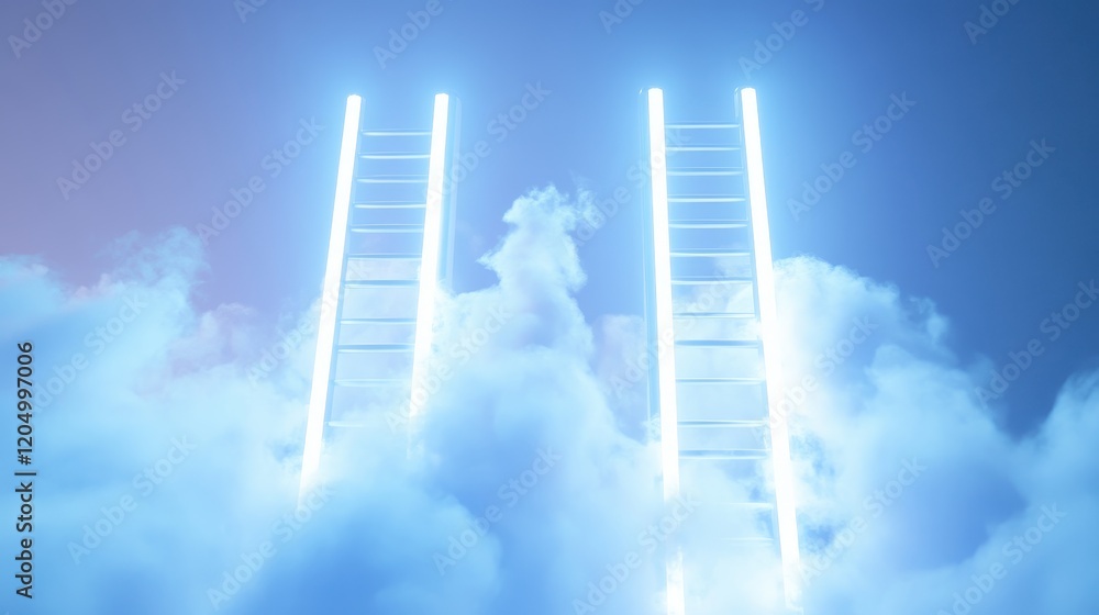 3D ladders ascending into glowing clouds,climb ladder to next level,work online,Business concept a ladder Corporate of success,Overcoming business obstacles concept. 3D ladders ascending into glowing clouds,climb ladder to next level,work online,Business concept a ladder Corporate of success,Overcoming business obstacles concept.