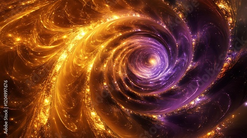 A dynamic galaxy spiral with glowing golden and purple particles, evoking the sensation of a cosmic vortex