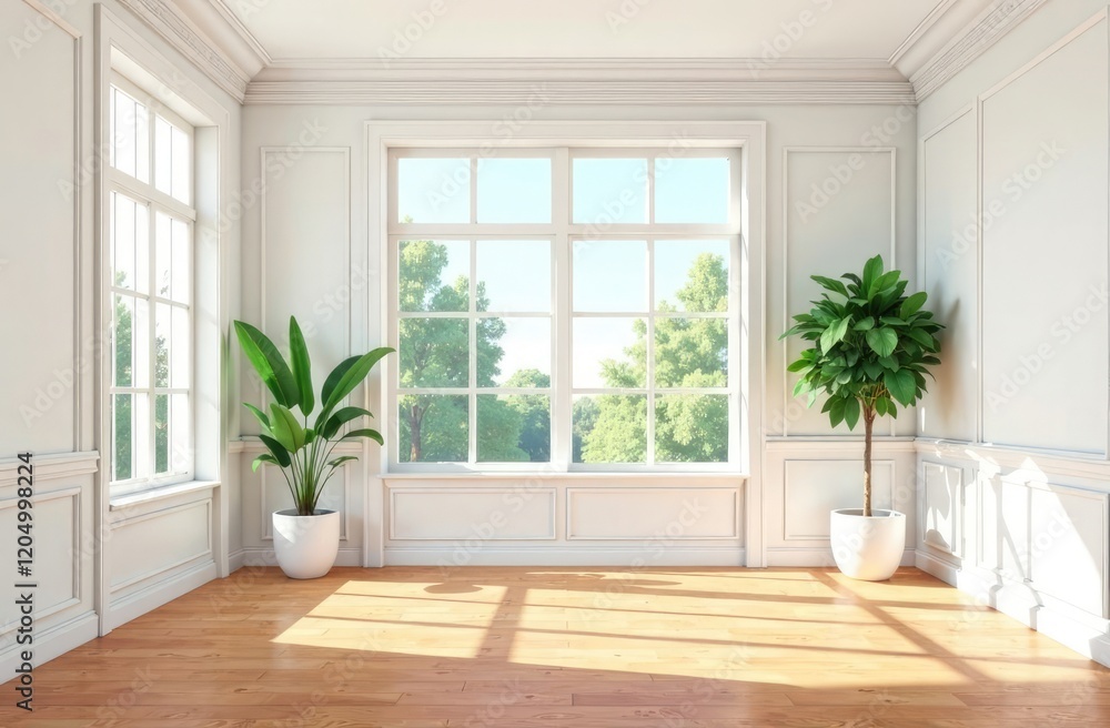Fototapeta premium illustration of big white room interior with big french windows and hardwood floor. Classical living room with molding, wall paneling. Day sun side light