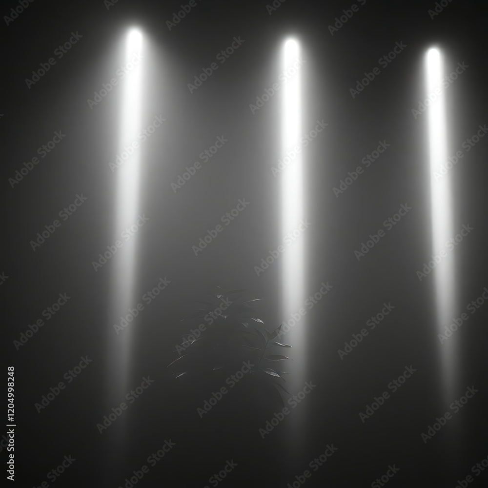 Three bright lights illuminating a dark room, casting shadows on a plant. Three bright lights illuminating a dark room, casting shadows on a plant.