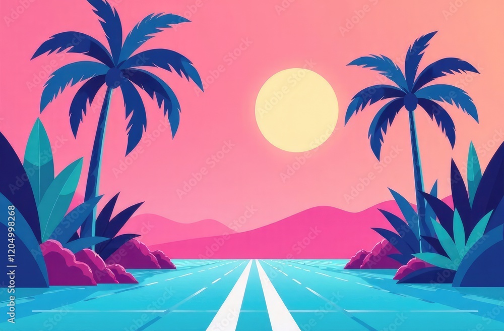 Obraz premium illustration of palm leaves shade on pink background. New retro wave landscape with blue laser floor