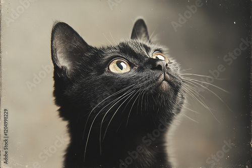 A Black Kitten Looks Upwards With Wonder