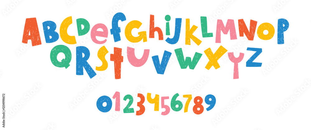 Hand drawn font with crayon or pastel texture. Sketch alphabet letters and numbers for school or kindergarten. Kids vector illustration drawn with pencil.