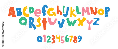 Hand drawn font with crayon or pastel texture. Sketch alphabet letters and numbers for school or kindergarten. Kids vector illustration drawn with pencil.