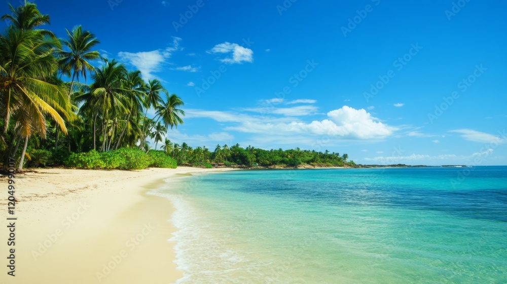 Obraz premium A serene tropical beach with palm trees and turquoise waters, Beach scene, Tropical style