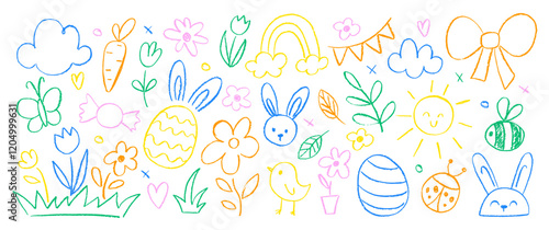 Collection of hand drawn Easter elements with crayon or pastel texture. Chalk bunny, flower, eggs and butterfly. Doodle color vector illustration on a white background.