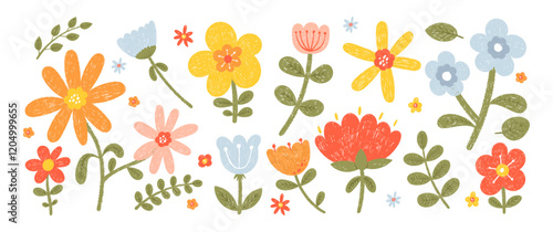 Collection of crayon doodle flowers with leaves. Spring Easter illustration with pastel or chalk texture. Charcoal vector illustration for kids.