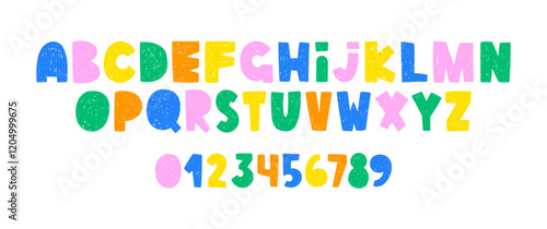 Hand drawn font with crayon or pastel texture. Cartoon alphabet letters and numbers for school or kindergarten. Color vector illustration drawn with pencil.