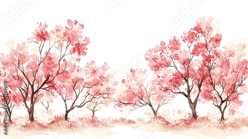 Watercolor Painting of Pink Blossom Trees in a Tranquil Garden.