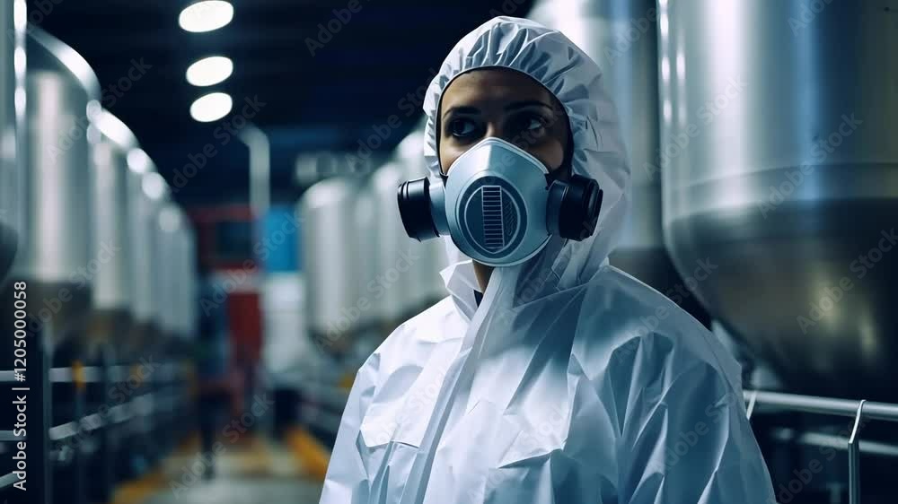 A female employee at a large enterprise, wearing protective overalls and a mask, stands looking at the camera. Generative 4k video. A female employee at a large enterprise, wearing protective overalls and a mask, stands looking at the camera. Generative 4k video.