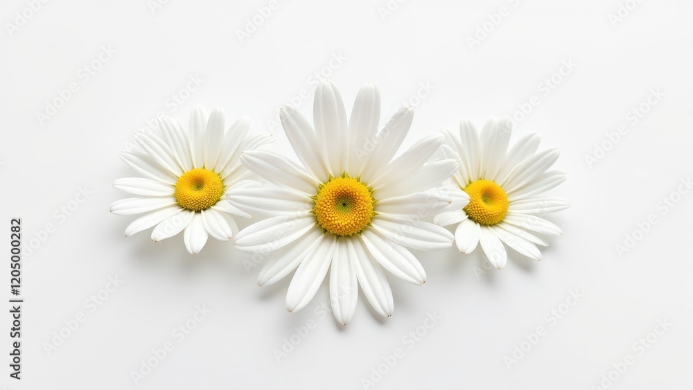 Obraz premium Overhead shot of three pristine white daisies with vibrant yellow centers resting delicately on a smooth white surface, radiating tranquility
