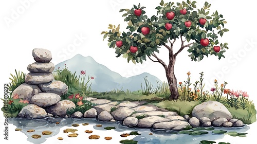 Serene Watercolor Landscape Apple Tree, Stone Path, and Tranquil Pond. photo