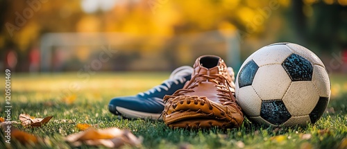 Assorted sports equipment including a soccer ball, baseball glove, and running shoes, neatly arranged on a wellmaintained grass field, highlighting an active outdoor sports scene photo