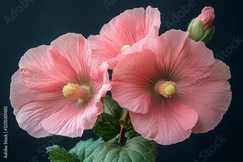 Wallpaper Mural Delicate Pink Hollyhock Blooms Dark Background Torontodigital.ca
