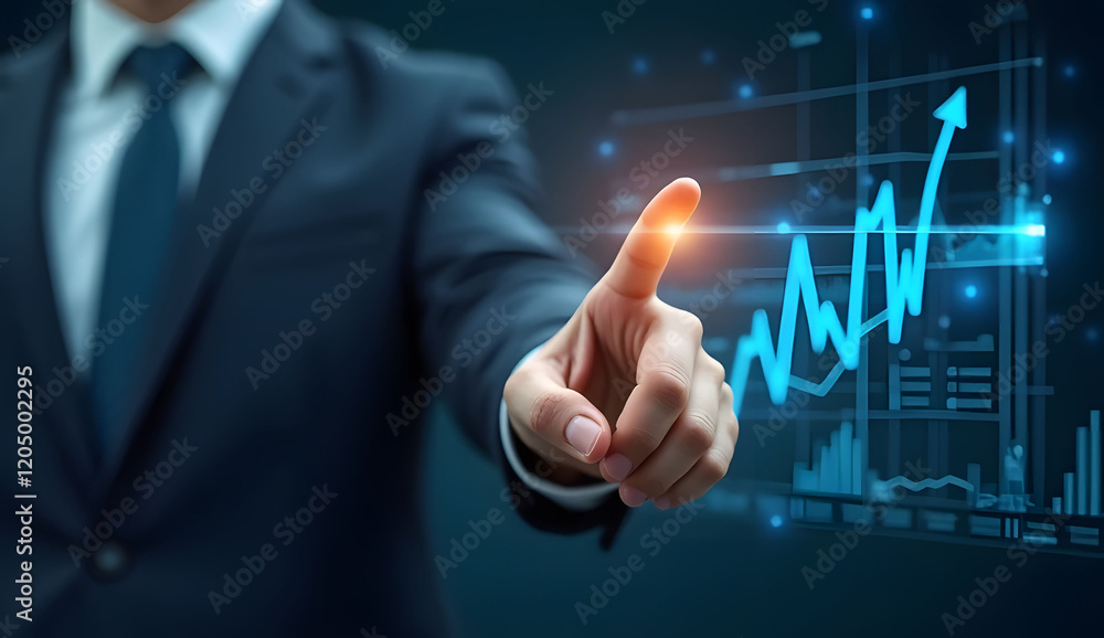 Businessman hand pointing finger to growth success finance business chart of metaverse technology financial graph investment diagram on analysis stock market background with digital economy exchange. Businessman hand pointing finger to growth success finance business chart of metaverse technology financial graph investment diagram on analysis stock market background with digital economy exchange.