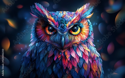 Detailed owl illustration featuring colorful geometric feathers, set against a dark, atmospheric background, highlighting the beauty of the design and vivid color contrast photo