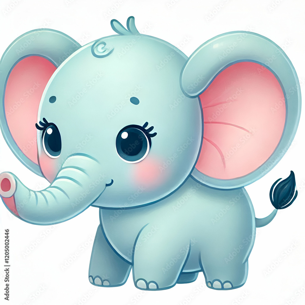 Fototapeta premium Cute baby elephant cartoon, chibi style, large round head, big blue eyes, tiny trunk, pink inner ears, small tail, light blue color, soft pastel background, kawaii character design, children's book il