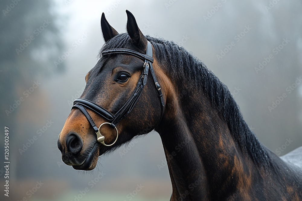 Obraz premium Elegant Dark Bay Horse Wearing a Black Bridle