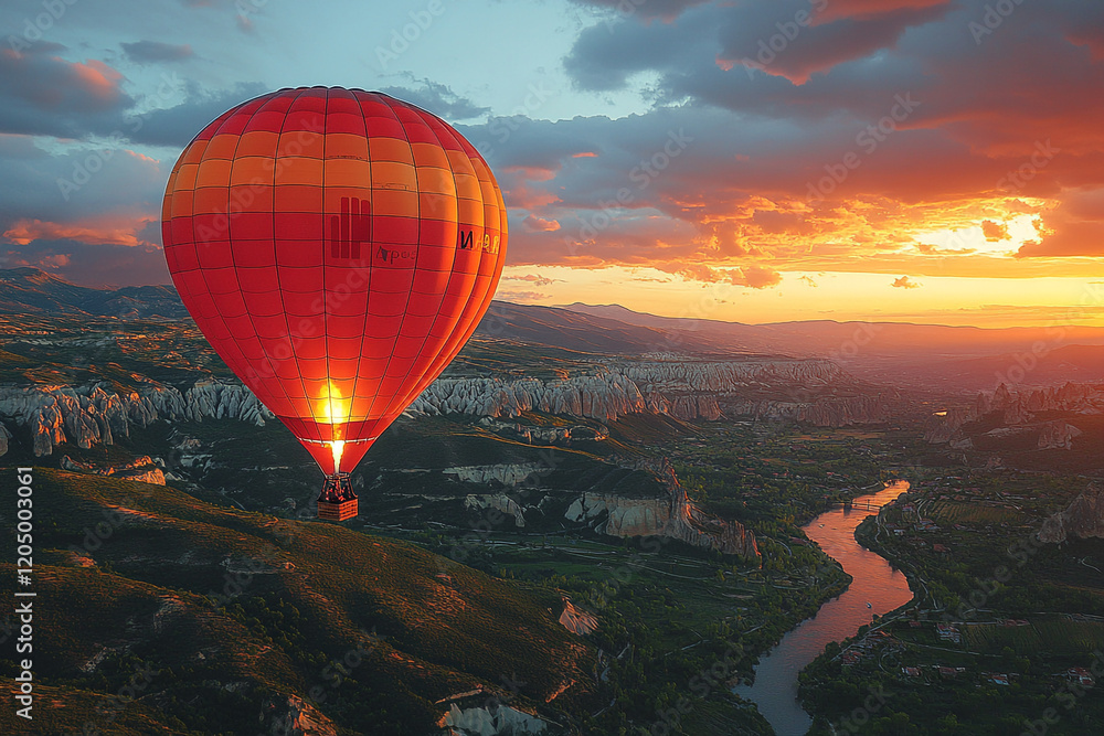 Hot Air Balloon Soaring Over Scenic Sunset Landscape Hot Air Balloon Soaring Over Scenic Sunset Landscape