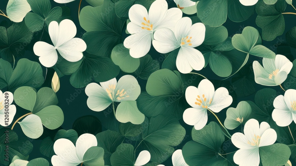 Clover Leaves and White Flowers Pattern, intricate design of lush green clover leaves intertwined with delicate white blossoms, perfect for textiles and wallpapers Clover Leaves and White Flowers Pattern, intricate design of lush green clover leaves intertwined with delicate white blossoms, perfect for textiles and wallpapers