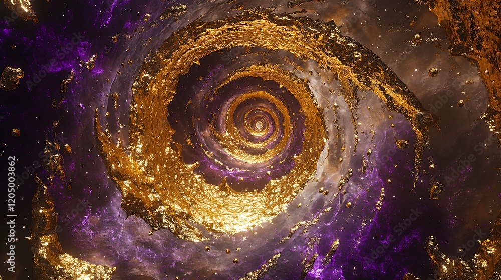 An abstract galaxy spiral of golden and purple particles forming a dynamic cosmic vortex