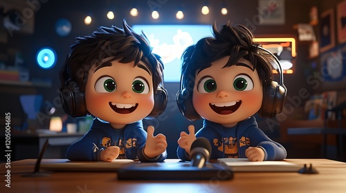 Adorable Cartoon Twins Streaming Gaming Happy Boys with Headphones