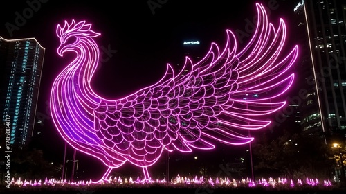 Illuminated Neon Phoenix Night Cityscape Art