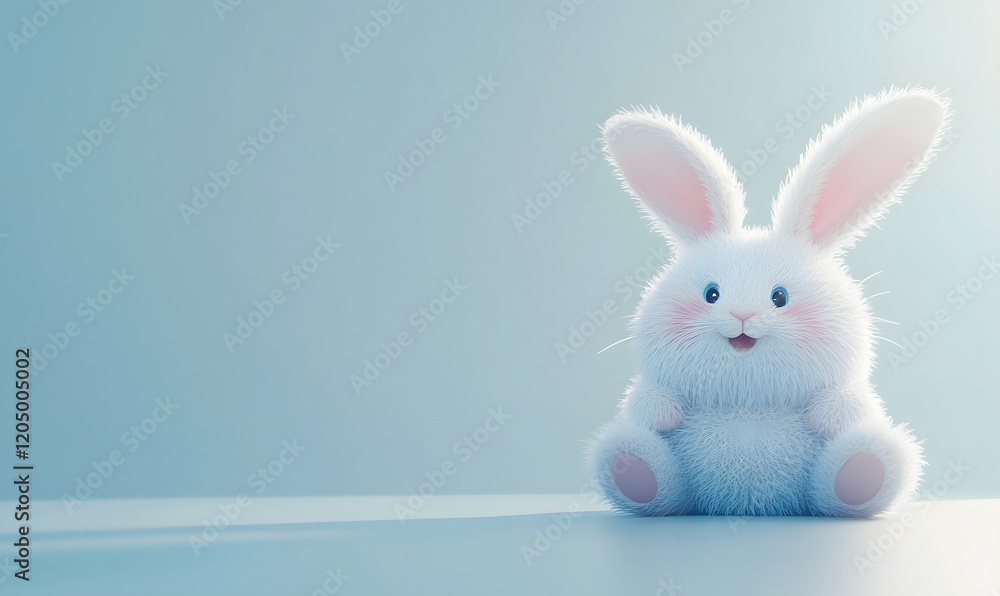 Fototapeta premium Cute fluffy bunny sits, pastel blue background, Easter