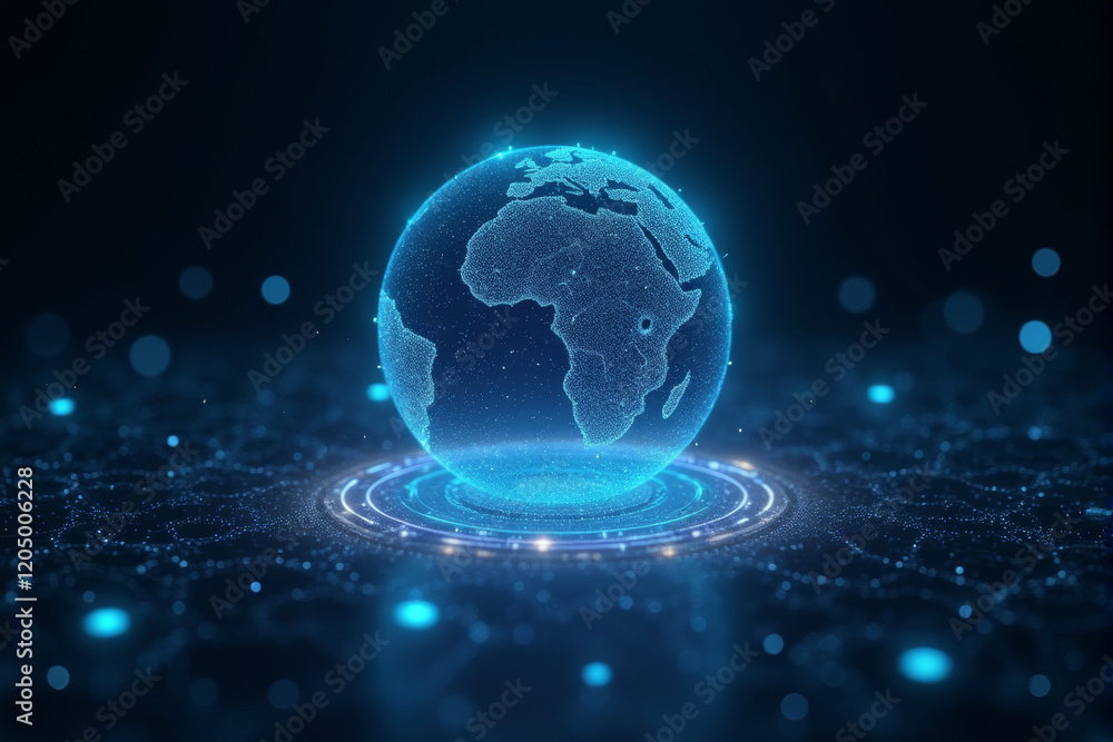 Obraz premium An AI-powered virtual assistant visualized as a holographic sphere, surrounded by pulsating waves of light, futuristic digital particles floating in a dark background