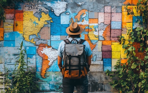 Backpacker with a hat, captivated by a graffiti wall showcasing vibrant travel maps, full of colors, street art flair, and travelinspired graffiti details photo