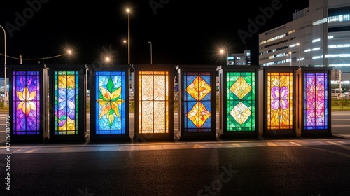 Illuminated Night Stained Glass Panels Cityscape