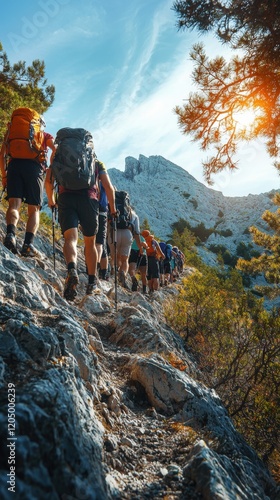 Group of hikers ascending mountain trail with backpacks under bright sun Generated AI