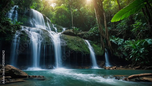 waterfall in thai national park. In the deep forest on mountain.