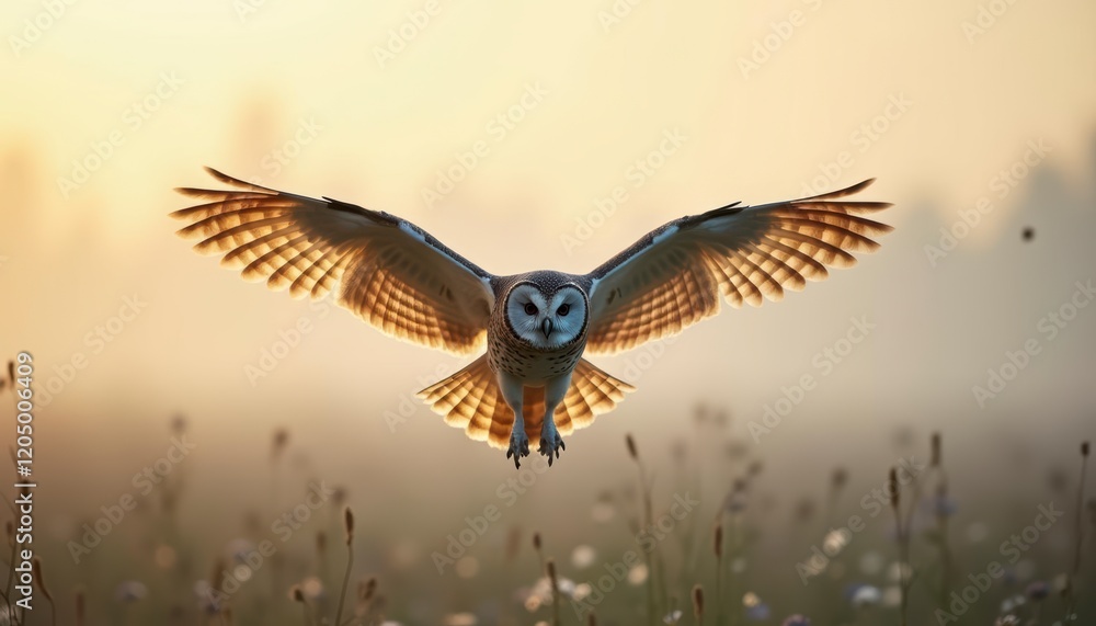 Obraz premium Owl is flying through a field of tall grass