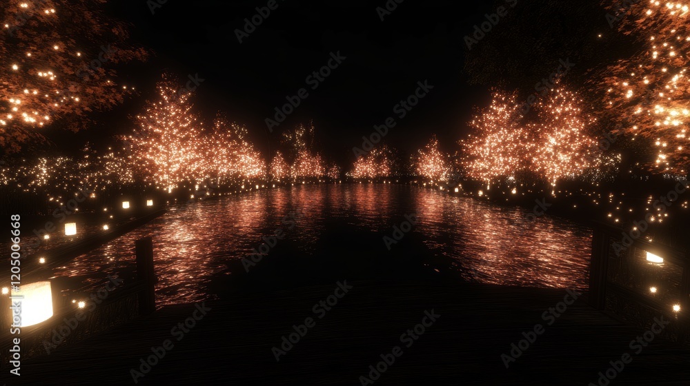 Illuminated Nighttime Water Scene with Lanterns and Trees Illuminated Nighttime Water Scene with Lanterns and Trees